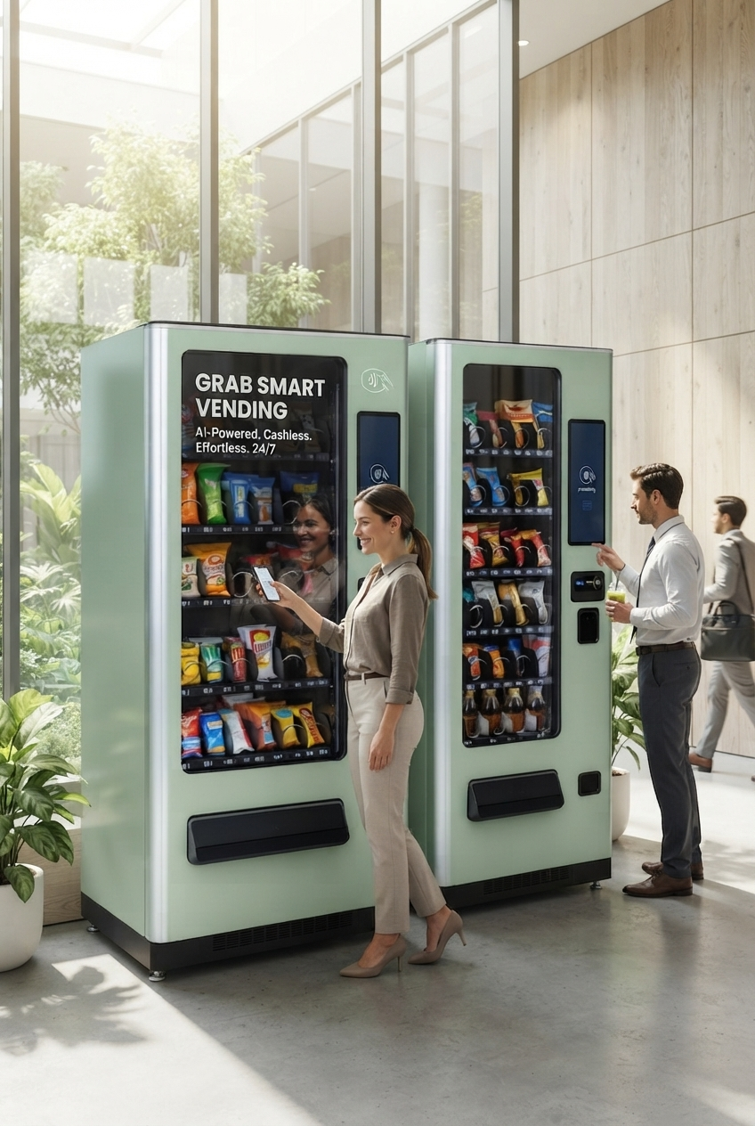 Tall glass-front Grab Smart Vending machine stocked with drinks and snacks