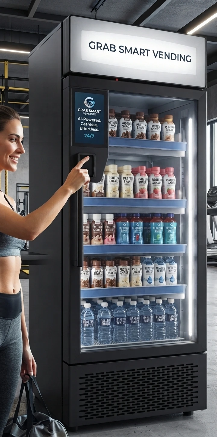Grab Smart Vending machine stocked with recovery drinks at a fitness centre