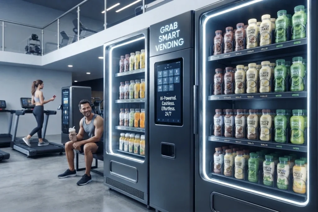 Grab Smart Vending machine with protein bars and electrolytes at a gym
