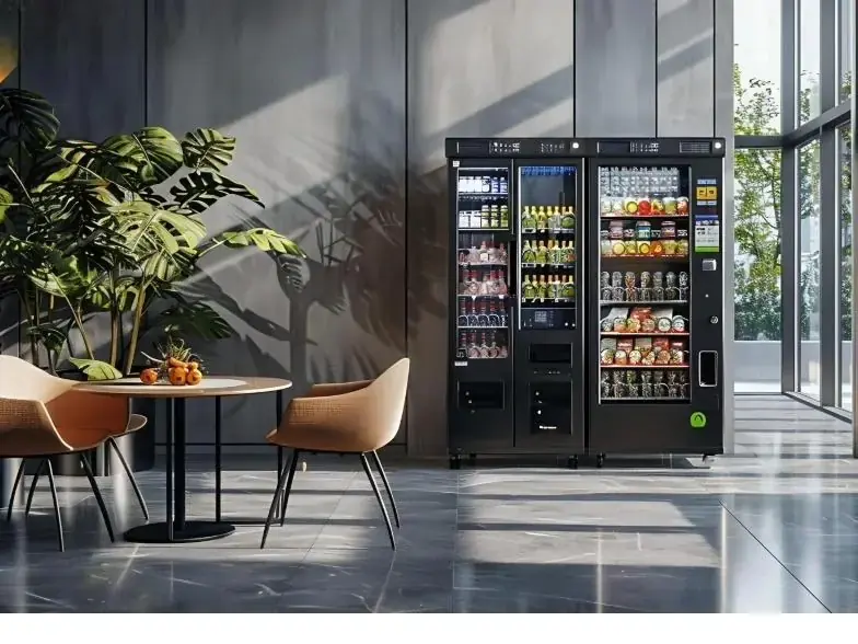 A smart vending unit beside a lobby seating area with a table, chairs, and plants.