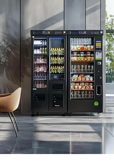 A double smart vending unit stocked with drinks and snacks against a dark stone wall in an office lobby.