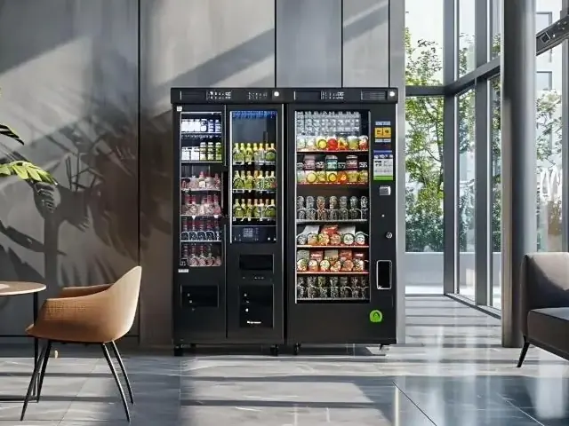 Close view of a smart vending unit with a touchscreen, stocked with drinks and snacks.