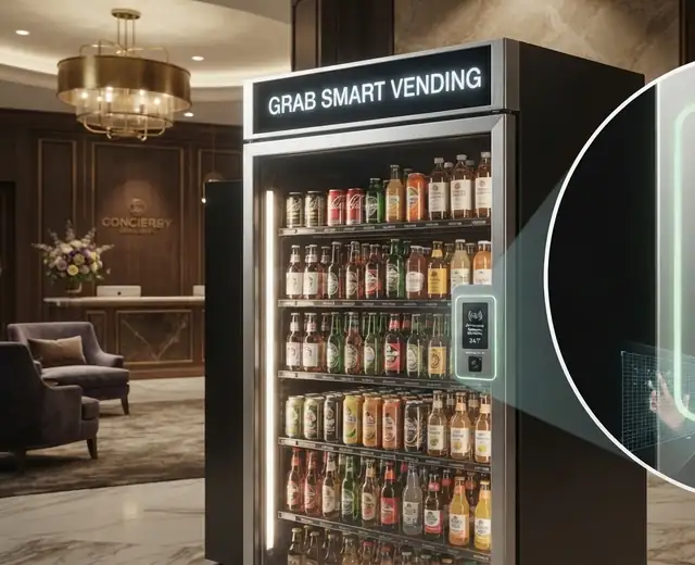 Grab Smart Vending cooler stocked with bottled beverages beside a hotel concierge desk