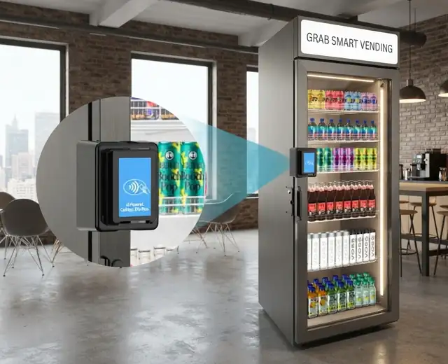 Close-up of the contactless tap-to-pay reader on a Grab Smart Vending cooler in a loft office break room