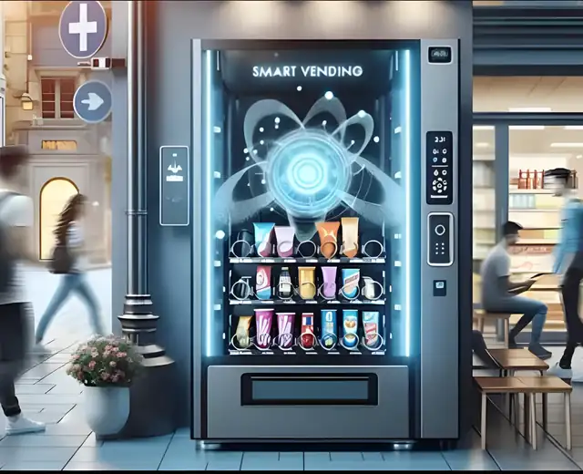 Illuminated smart vending machine serving pedestrians outside a retail storefront