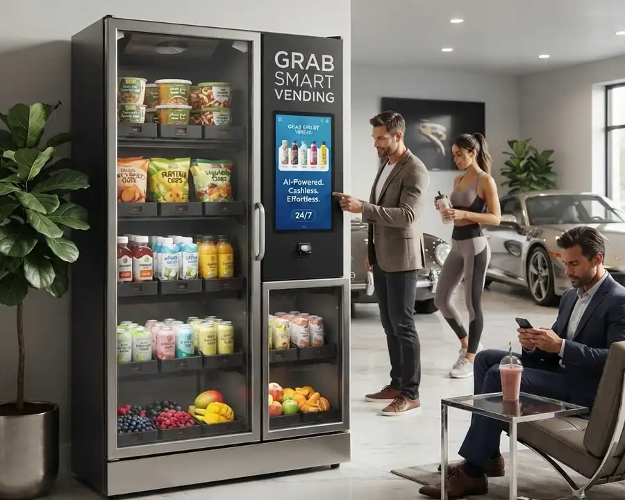 AI-powered Grab Smart Vending machine with fresh food, drinks and snacks in a modern auto dealership customer lounge
