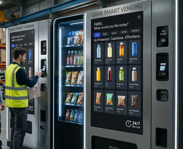 Warehouse staff ordering drinks and snacks from a Grab Smart Vending touchscreen kiosk